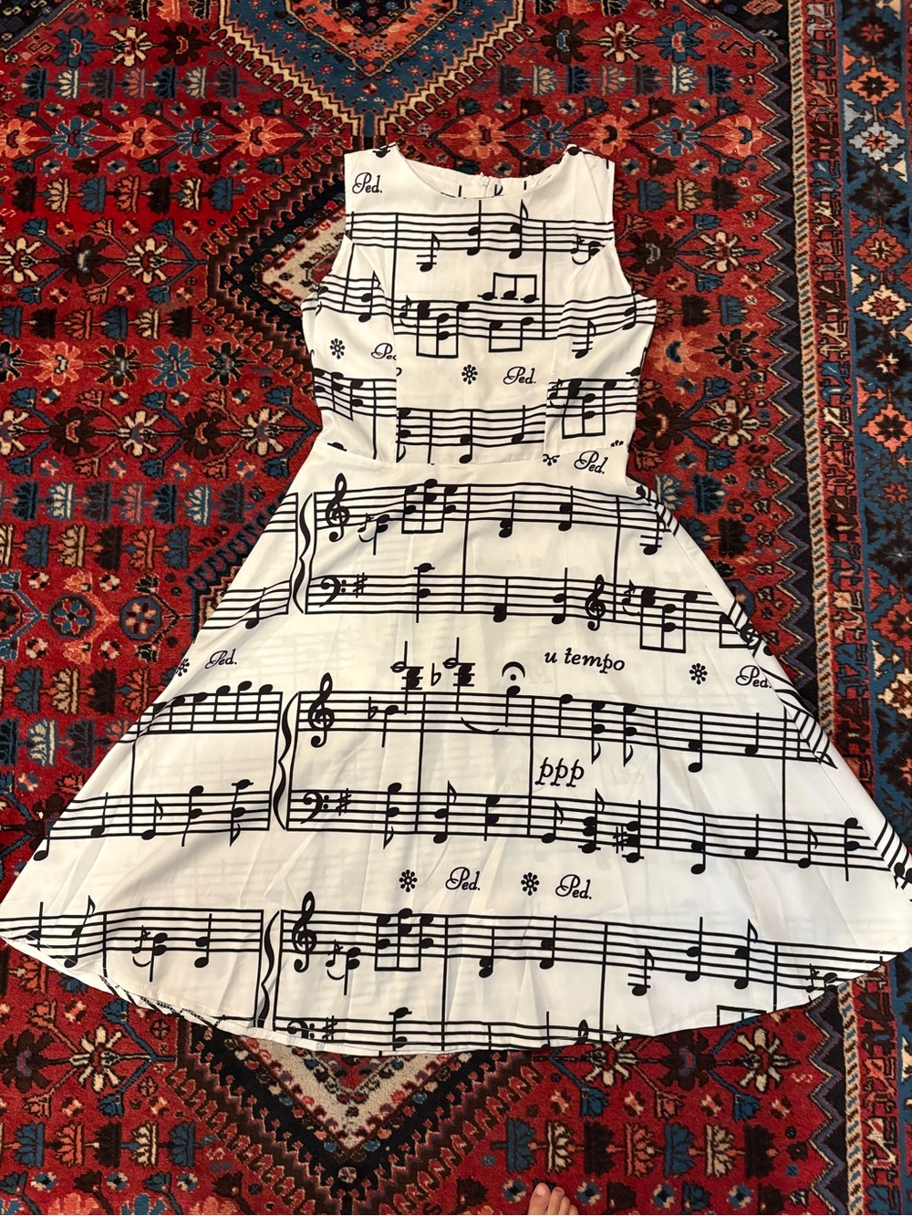 Women’s Black and White Music-Print Fit & Flare Dress Sz Small